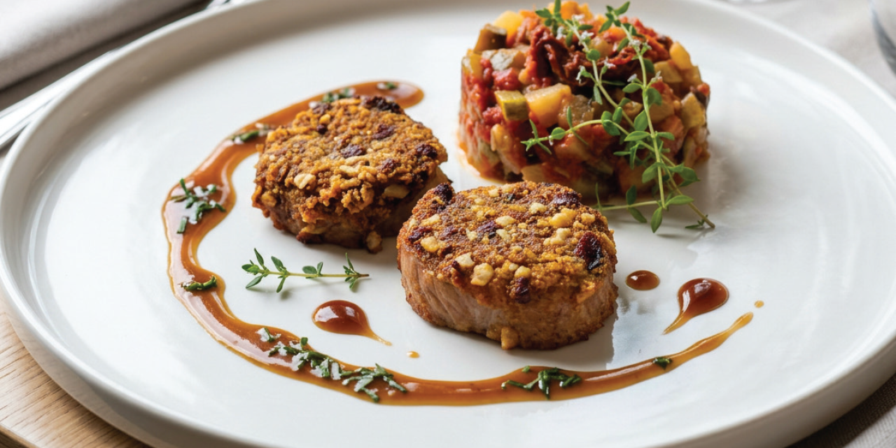 Testez la recette Grenadins de veau à la tomate séchée, à la sarriette & vinaigrette tiède